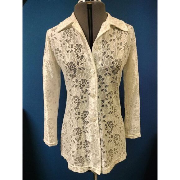 Shasha Collection Womens White Lace Button-Up Long Sleeve Blouse With Floral She - Picture 1 of 5